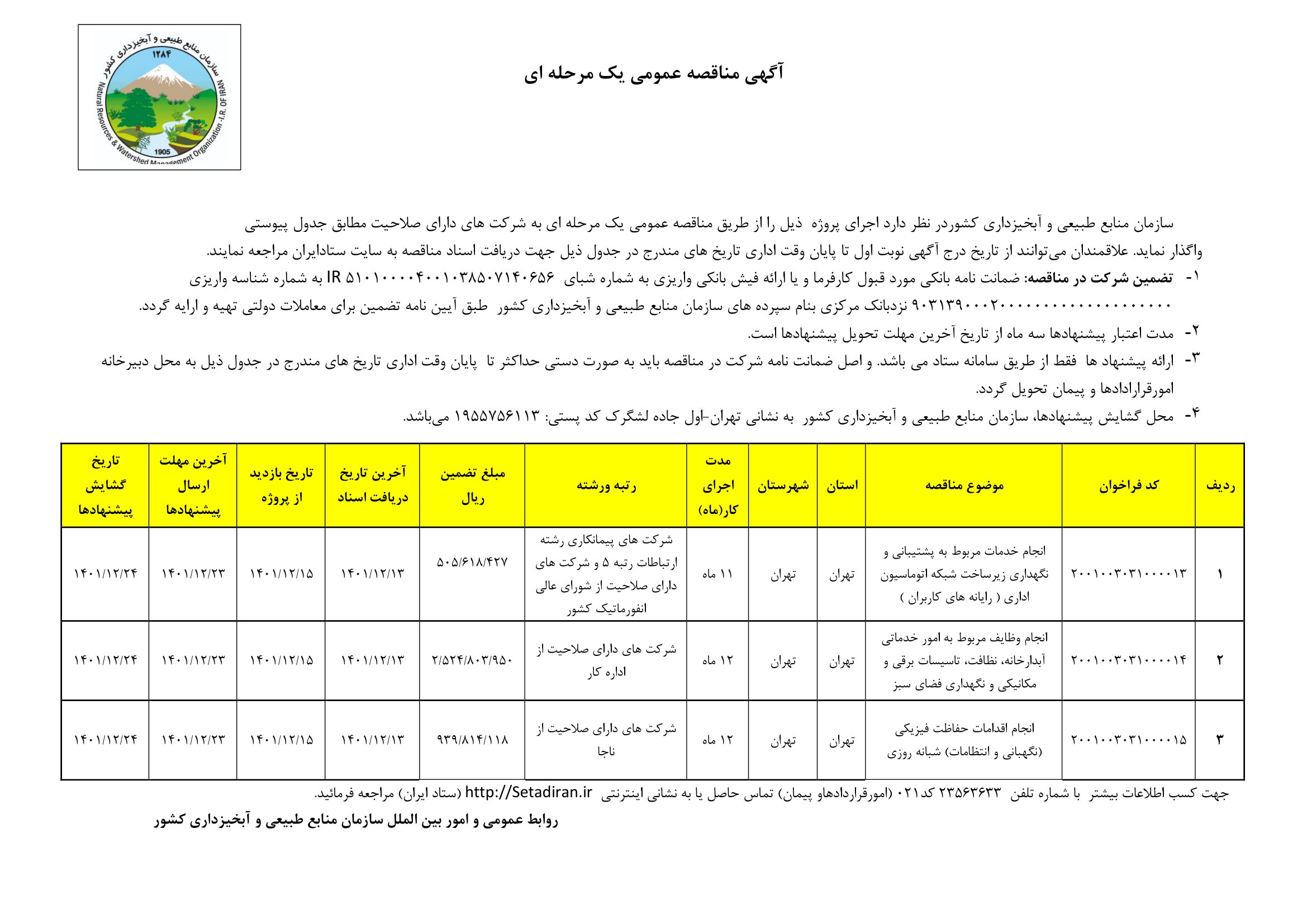 مناقصه وظایف خدماتی، انفورماتیک و حفاظتی 